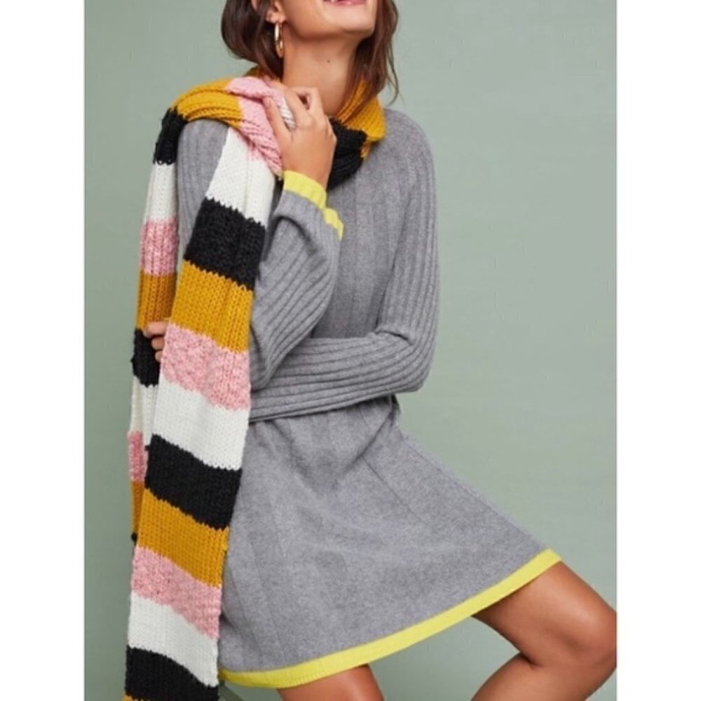 Anthropologie Arseneau Ribbed Long Sleeve Gray Yellow Sweater Dress S